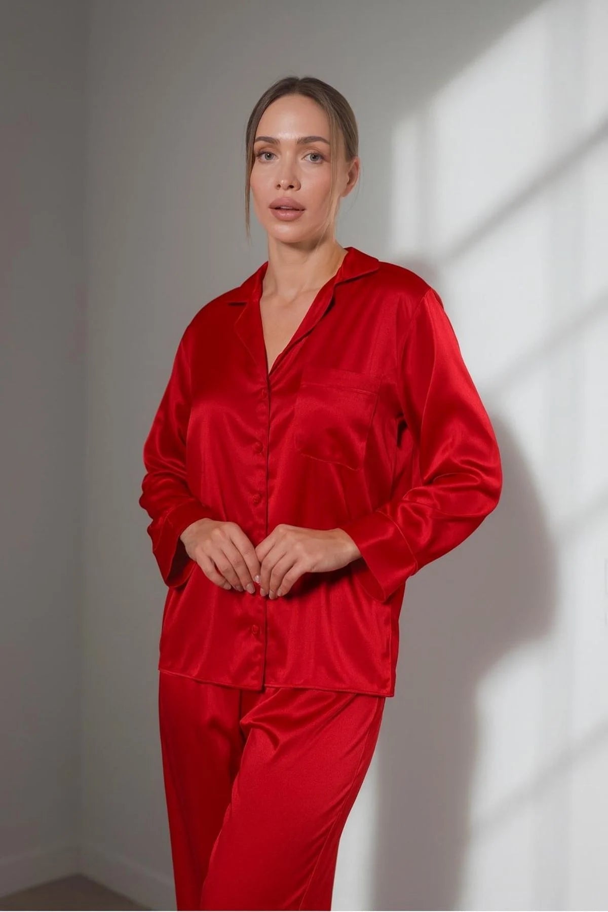 Kırmızı Saten İkili Pijama Takım