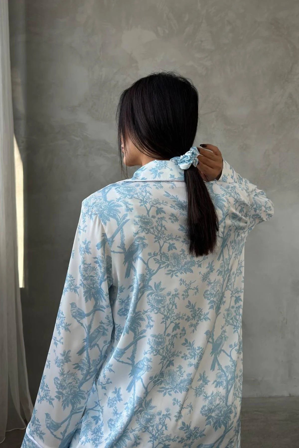 Mavi Kuş Baskılı Saten 3'lü Pijama