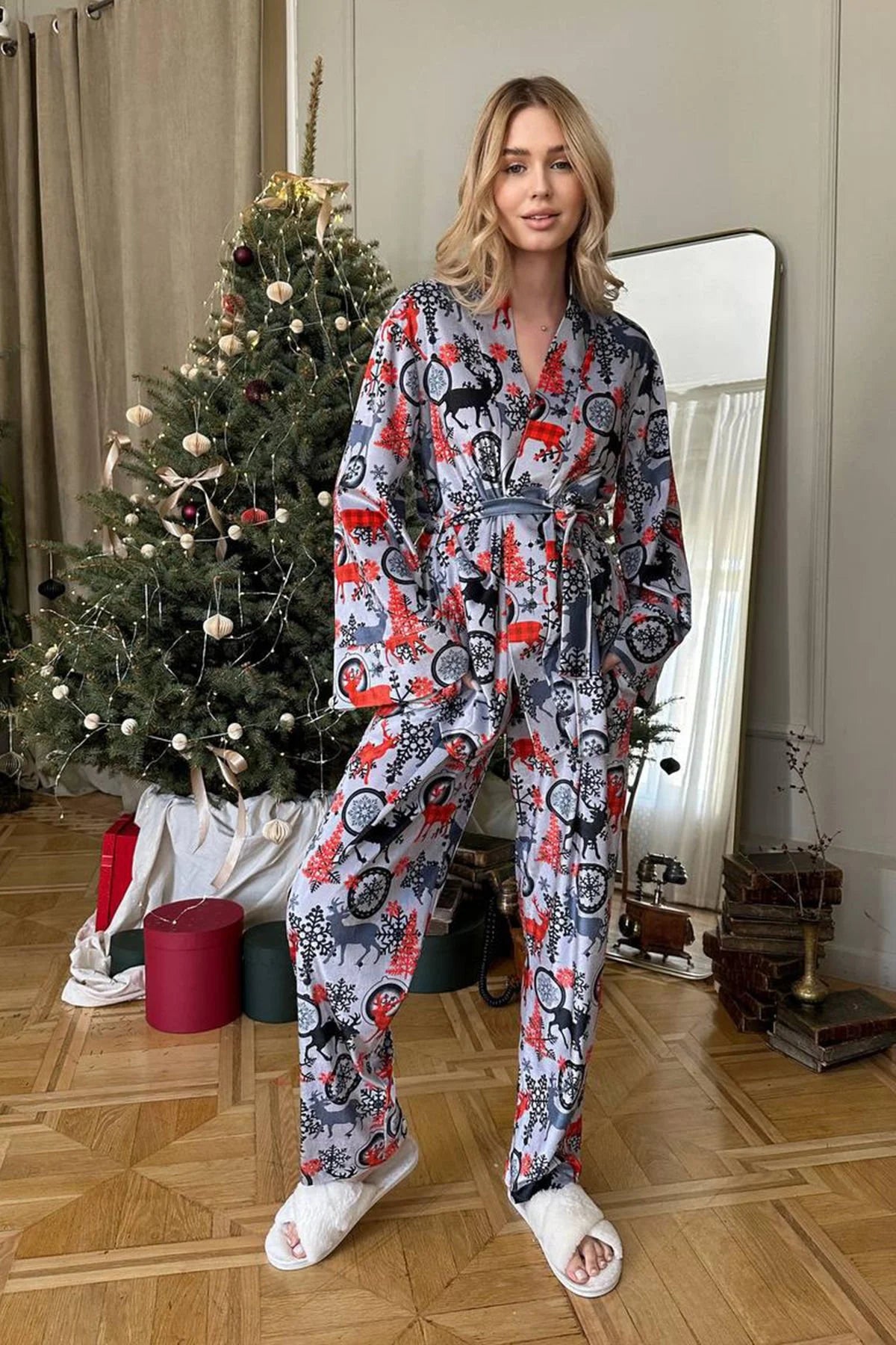 Geyik Kadife Kadın Pijama Takım