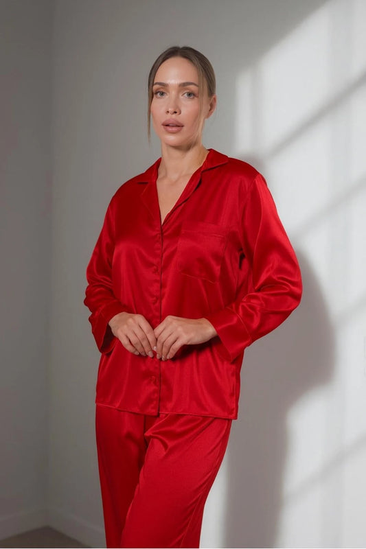 Kırmızı Saten İkili Pijama Takım
