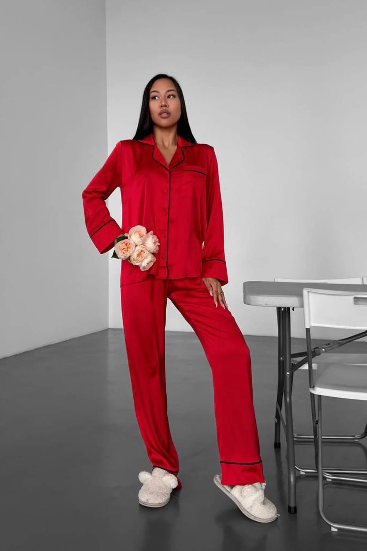 Love Kırmızı Saten Pijama