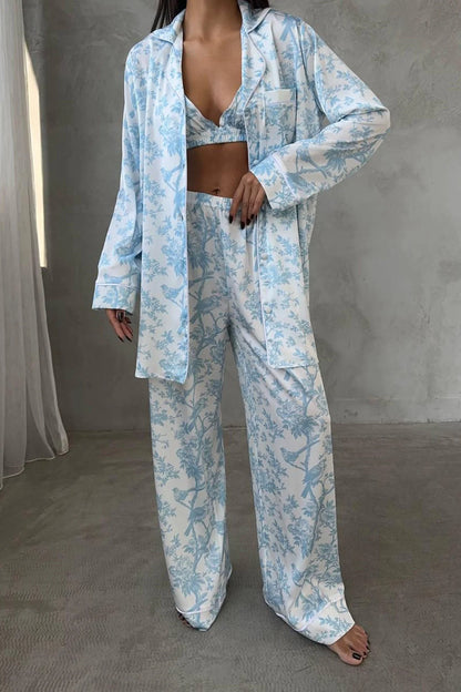 Mavi Kuş Baskılı Saten 3'lü Pijama