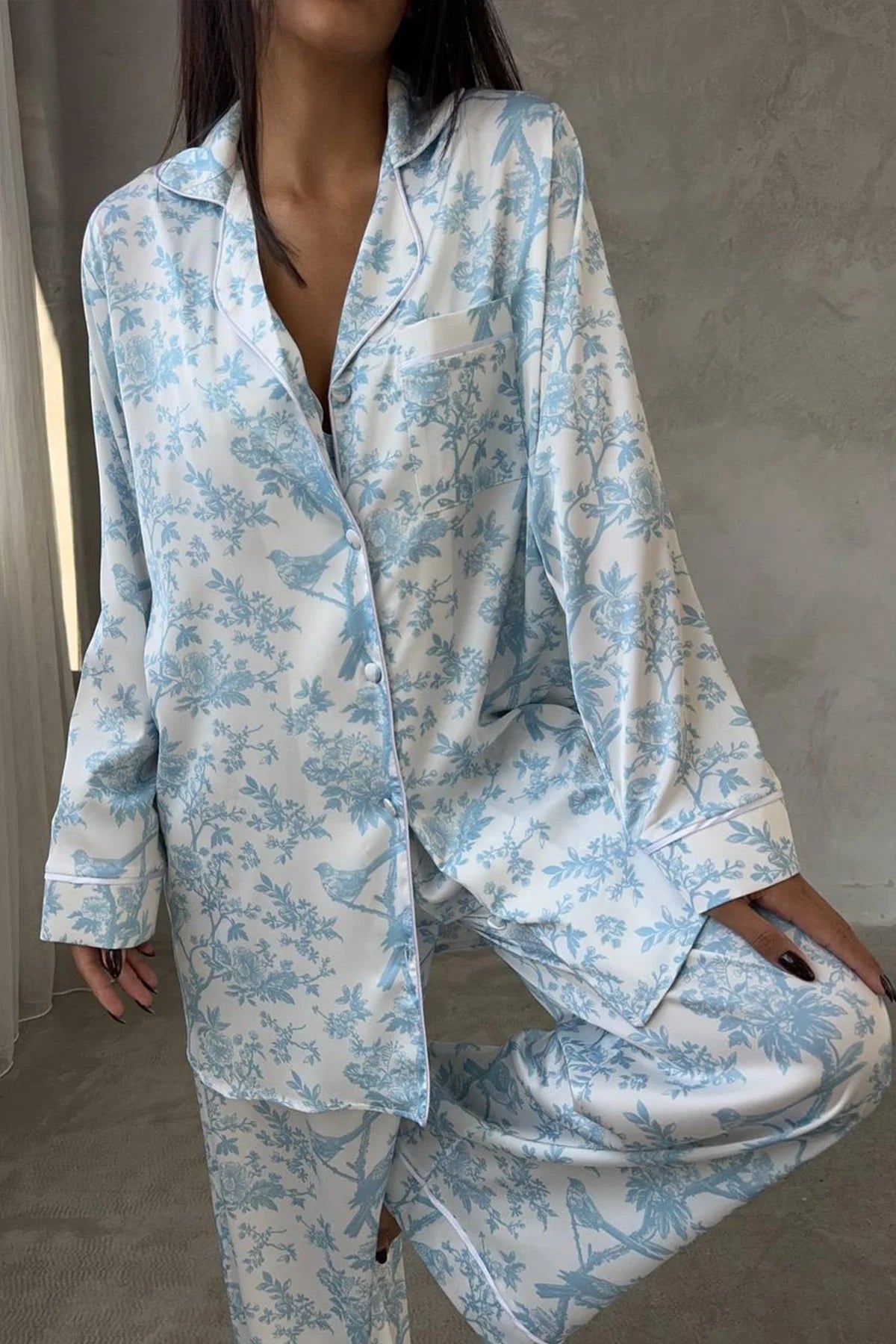 Mavi Kuş Baskılı Saten 3'lü Pijama