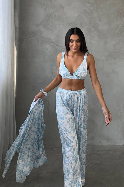 Mavi Kuş Baskılı Saten 3'lü Pijama