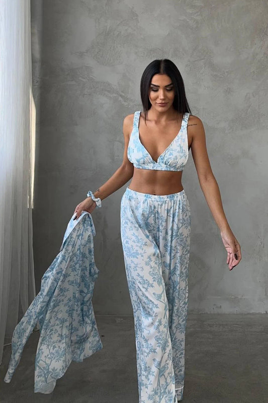 Mavi Kuş Baskılı Saten 3'lü Pijama